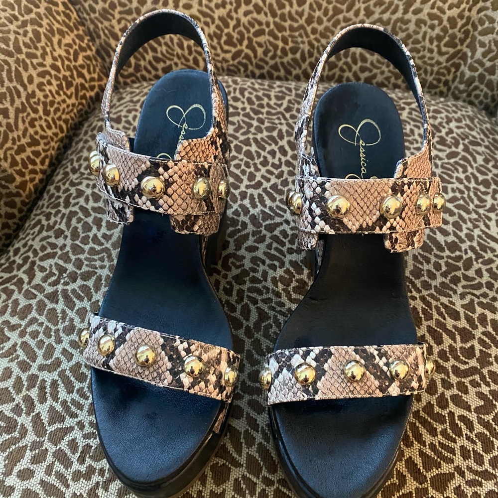 Jessica Simpson Brown and Gold Sandals with Snake Print